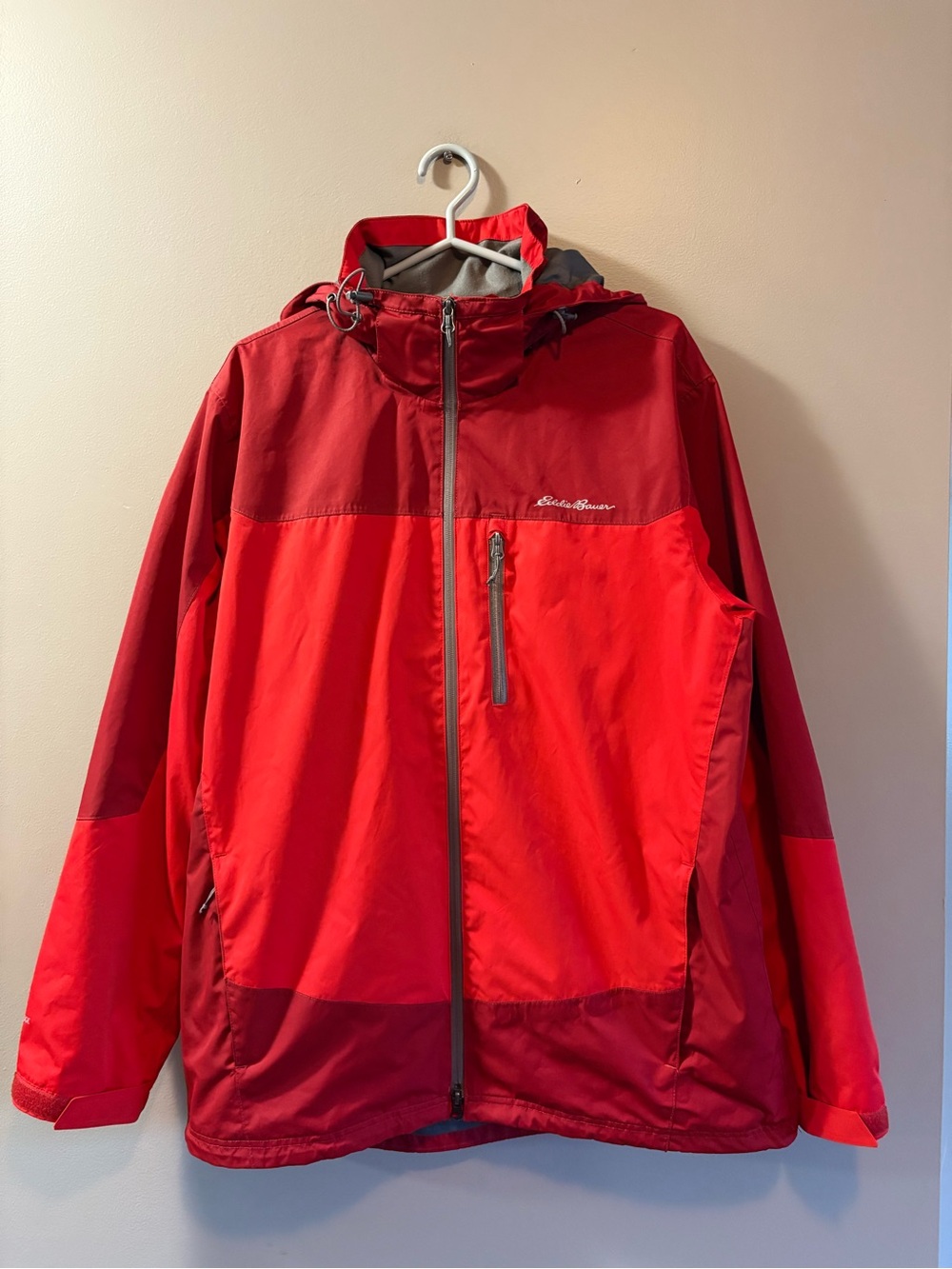 Eddie Bauer Men’s Two-Tone Red Hooded Rain Jacket